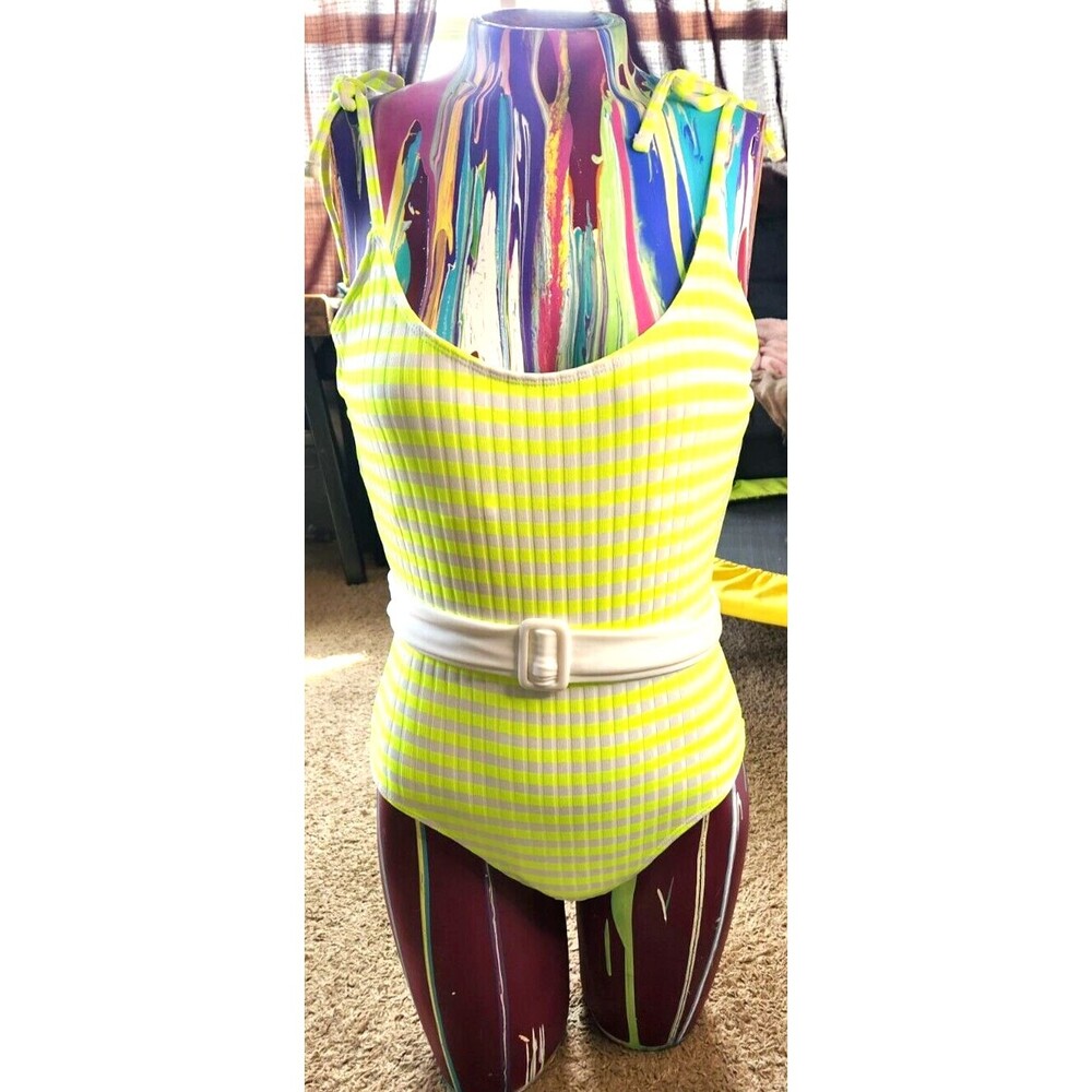 Striped One-Piece Swimsuit with Belt Yellow & White Women's Size Small 3-5